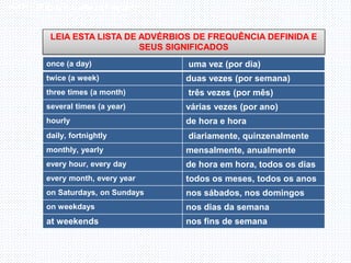 Inglês , 7º ano, Adverbs os frequency
once (a day) uma vez (por dia)
twice (a week) duas vezes (por semana)
three times (a month) três vezes (por mês)
several times (a year) várias vezes (por ano)
hourly de hora e hora
daily, fortnightly diariamente, quinzenalmente
monthly, yearly mensalmente, anualmente
every hour, every day de hora em hora, todos os dias
every month, every year todos os meses, todos os anos
on Saturdays, on Sundays nos sábados, nos domingos
on weekdays nos dias da semana
at weekends nos fins de semana
LEIA ESTA LISTA DE ADVÉRBIOS DE FREQUÊNCIA DEFINIDA E
SEUS SIGNIFICADOS
 