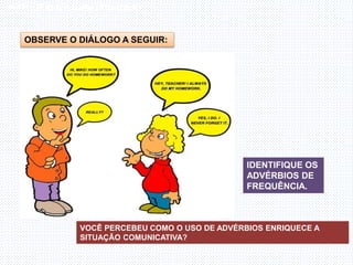 Inglês , 7º ano, Adverbs of frequency
OBSERVE O DIÁLOGO A SEGUIR:
VOCÊ PERCEBEU COMO O USO DE ADVÉRBIOS ENRIQUECE A
SITUAÇÃO COMUNICATIVA?
IDENTIFIQUE OS
ADVÉRBIOS DE
FREQUÊNCIA.
 