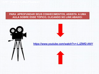 Inglês , 7º ano, Adverbs of frequency
https://www.youtube.com/watch?v=-LJZMf2-ANY
PARA APROFUNDAR SEUS CONHECIMENTOS, ASSISTA A UMA
AULA SOBRE ESSE TÓPICO, CLICANDO NO LINK ABAIXO:
 