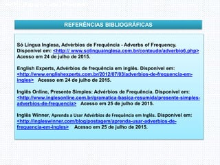 Inglês , 7º ano, Adverbs of frequency
REFERÊNCIAS BIBLIOGRÁFICAS
Só Língua Inglesa, Advérbios de Frequência - Adverbs of Frequency.
Disponível em: <http:// www.solinguainglesa.com.br/conteudo/adverbio6.php>
Acesso em 24 de julho de 2015.
English Experts, Advérbios de frequência em inglês. Disponível em:
<http://www.englishexperts.com.br/2012/07/03/adverbios-de-frequencia-em-
ingles> Acesso em 24 de julho de 2015.
Inglês Online, Presente Simples: Advérbios de Frequência. Disponível em:
<http://www.inglesonline.com.br/gramatica-basica-resumida/presente-simples-
adverbios-de-frequencia> Acesso em 25 de julho de 2015.
Inglês Winner, Aprenda a Usar Advérbios de Frequência em Inglês. Disponível em:
<http://ingleswinner.com/blog/postagem/aprenda-usar-adverbios-de-
frequencia-em-ingles> Acesso em 25 de julho de 2015.
 