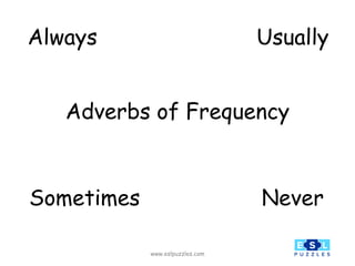Adverbs of Frequency
www.eslpuzzles.com
Always
Never
Sometimes
Usually
 