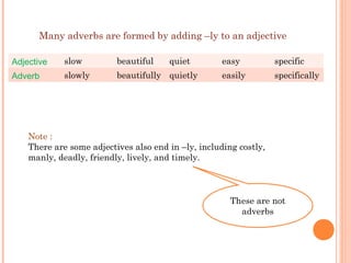 Many adverbs are formed by adding –ly to an adjective
Adjective

slow

beautiful

Adverb

slowly

beautifully quietly

quiet

easy

specific

easily

specifically

Note :
There are some adjectives also end in –ly, including costly,
manly, deadly, friendly, lively, and timely.

These are not
adverbs

 