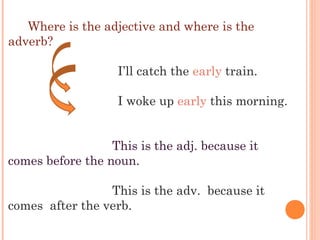 Where is the adjective and where is the
adverb?
I’ll catch the early train.
I woke up early this morning.
This is the adj. because it
comes before the noun.
This is the adv. because it
comes after the verb.

 