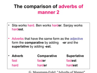 The comparison of adverbs of
manner 2
• Sita works hard. Ben works harder. Sanjay works
hardest.
• Adverbs that have the same form as the adjective
form the comparative by adding -er and the
superlative by adding -est.
• Adverb
fast
hard

Comparative
faster
harder

Superlative
fastest
hardest

 