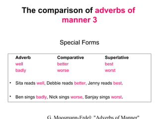 The comparison of adverbs of
manner 3
Special Forms
Adverb
well
badly

Comparative
better
worse

Superlative
best
worst

•

Sita reads well, Debbie reads better, Jenny reads best.

•

Ben sings badly, Nick sings worse, Sanjay sings worst.

 