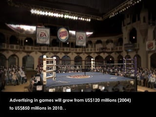 Advertising in games will grow from US$120 millions (2004)  to US$850 millions in 2010. . 