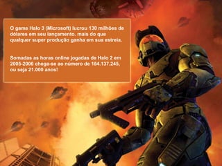 O game Halo 3 (Microsoft) lucrou 130 milhões de dólares em seu lançamento. mais do que qualquer super produção ganha em sua estreia. Somadas as horas online jogadas de Halo 2 em 2005-2006 chega-se ao número de 184.137.245, ou seja 21.000 anos! 