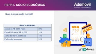 Qual é a sua renda mensal?
PERFIL SÓCIO ECONÔMICO
RENDA MENSAL
Abaixo de R$ 6.000 Reais 39%
Entre R$ 6.000 e R$ 10.000 18%
Acima de R$ 10.000 Reais 15%
Prefiro não responder 28%
 