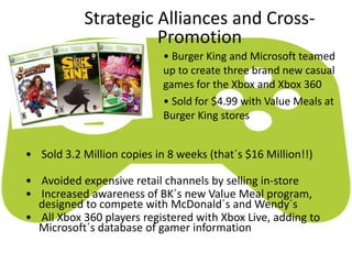 Strategic Alliances and Cross-
Promotion
• Burger King and Microsoft teamed
up to create three brand new casual
games for the Xbox and Xbox 360
• Sold for $4.99 with Value Meals at
Burger King stores
• Sold 3.2 Million copies in 8 weeks (that´s $16 Million!!)
• Avoided expensive retail channels by selling in-store
• Increased awareness of BK´s new Value Meal program,
designed to compete with McDonald´s and Wendy´s
• All Xbox 360 players registered with Xbox Live, adding to
Microsoft´s database of gamer information
 