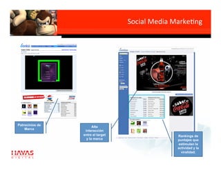 Social Media Markegng 




                       Alta
Patrocinios de    interacción            Alta
    Marca        entre el target    interacción
                   y la marca      entre el target                 Rankings de
                                     y la marca                    puntajes que
                                                                   estimulan la
                                                                   actividad y la
                                                                     viralidad.
 