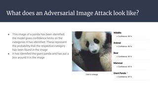 What does an Adversarial Image Attack look like?
● This image of a panda has been identiﬁed,
the model gives conﬁdence limits on the
categories it has identiﬁed. These represent
the probability that the respective category
has been found in the image
● It has identiﬁed the giant panda and has put a
box around it in the image
 