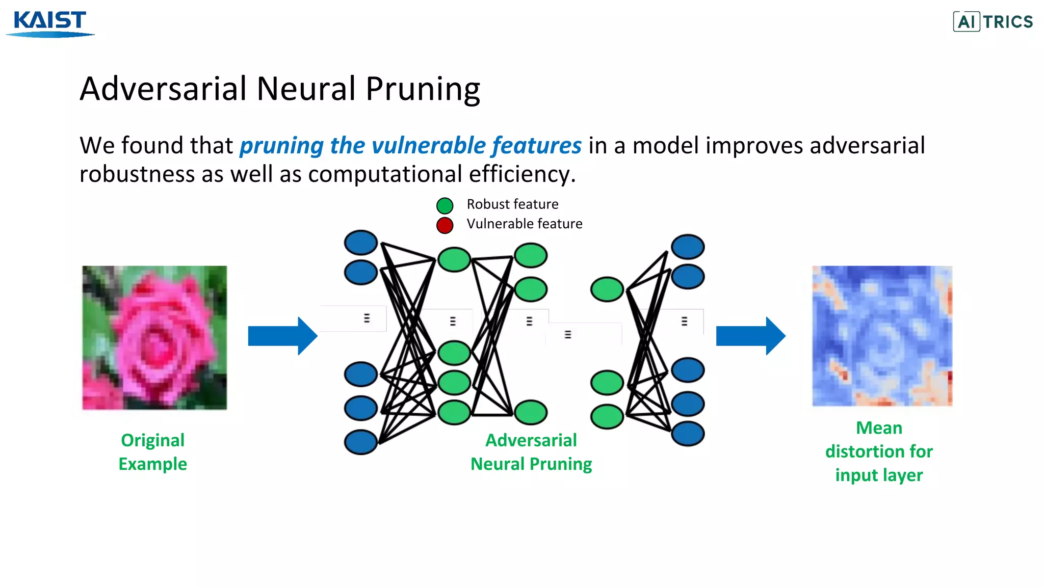 Adversarial Neural Pruning
We found that pruning the vulnerable features in a model improves adversarial
robustness as well as computational efficiency.
Mean
distortion for
input layer
Original
Example
Adversarial
Neural Pruning
Robust feature
Vulnerable feature
 