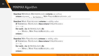 MINIMAX Algorithm
11
Mohammad Imam Hossain | Lecturer, Dept. of CSE | UIU
 