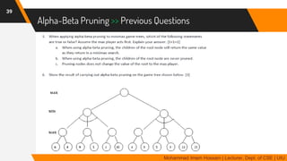 Alpha-Beta Pruning >> Previous Questions
39
Mohammad Imam Hossain | Lecturer, Dept. of CSE | UIU
 