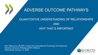Dan Villeneuve, US EPA, Center for Computational Toxicology and Exposure
Adverse Outcome Pathway (AOP) Webinar
Wednesday January 15, 2020
ADVERSE OUTCOME PATHWAYS
QUANTITATIVE UNDERSTANDING OF RELATIONSHIPS
AND
WHY THAT’S IMPORTANT
 