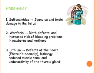 PREGNANCY
1. Sulfonamides → Jaundice and brain
damage in the fetus
2. Warfarin → Birth defects, and
increased risk of bleeding problems
in newborns and mothers
3. Lithium → Defects of the heart
(Ebstein’s Anomaly), lethargy,
reduced muscle tone, and
underactivity of the thyroid gland
 
