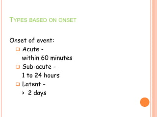 TYPES BASED ON ONSET
Onset of event:
 Acute -
within 60 minutes
 Sub-acute -
1 to 24 hours
 Latent -
> 2 days
 
