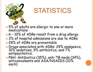 78,095
56,231
4,667
*
1
4
7
C
E
2
5
8
%
3
6
/
9
0
+
=
STATISTICS
 5% of adults are allergic to one or more
medications
 6 – 10% of ADRs result from a drug allergy
 3% of hospital admissions are due to ADRs
 28% of ADRs are preventable
 Drugs associated with ADRs: 29% analgesics,
10% sedatives, 9% antibiotics, and 7%
antipsychotics.
 PGH: Antibiotics (35%), anti-TB meds (34%),
anticonvulsants and ASA/NSAIDS (10%
each)
 