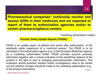 * marketing authorisation holders
Pharmaceutical companies* continually monitor and
assess ADRs in their medicines and are expected to
report of them to authorisation agencies and/or to
certain pharmacovigilance centers
Periodic Safety Update Reports (PSURs)
PSUR is an update report, at defined time points after authorization, of the
worldwide safety experience of a medicinal product. The PSUR is to be
submitted to the authorisation agency (e.g. to the European Medicines Agency)
by a marketing authorisation holder. PSUR provides succinct summary
information together with a critical evaluation of the benefit/risk balance of the
product in the light of new or changing post-authorisation information. This
evaluation should ascertain whether further investigations need to be carried
out and whether changes should be made to the marketing authorisation (e.g.
to the product information). 01/08/17
Katalyst Healthcares & Life Sciences
14
 