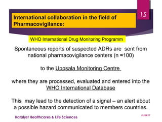 International collaboration in the field of
Pharmacovigilance:
Spontaneous reports of suspected ADRs are sent from
national pharmacovigilance centers (n ≈100)
to the Uppsala Monitoring Centre
where they are processed, evaluated and entered into the
WHO International Database
This may lead to the detection of a signal – an alert about
a possible hazard communicated to members countries.
WHO International Drug Monitoring Programm
01/08/17
Katalyst Healthcares & Life Sciences
15
 