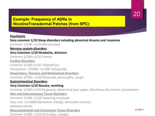 Psychiatric
Very common 1/10 Sleep disorders including abnormal dreams and insomnia
Common 1/100; <1/10 Nervousness
Nervous system disorders
Very Common 1/10 Headache, dizziness
Common 1/100;<1/10 Tremor
Cardiac Disorders
Common 1/100;<1/10: Palpitations
Uncommon 1/1000; <1/100 Tachycardia
Respiratory, Thoracic and Mediastinal Disorders
Common 1/100; <1/10 Dyspnoea, pharyngitis, cough
Gastrointestinal Disorders
Very Common 1/10 Nausea, vomiting
Common 1/100;<1/10 Dyspepsia, abdominal pain upper, diarrhoea, dry mouth, constipation
Skin and Subcutaneous Tissue Disorders
Common 1/100; <1/10 Sweating increased
Very rare <1/10000 Dermatitis allergic, dermatitis contact,
photosensitivity
Musculoskeletal and Connective Tissue Disorders
Common 1/100; <1/10 Arthralgia, myalgia
Example: Frequency of ADRs in
NicotineTransdermal Patches (from SPC):
01/08/17
20
 