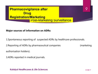 Post-Marketing Surveillance
Pharmacovigilance after
Drug
Registration/Marketing
Major sources of information on ADRs:
1.Spontaneous reporting of suspected ADRs by healthcare professionals.
2.Reporting of ADRs by pharmaceutical companies (marketing
authorisation holders).
3.ADRs reported in medical journals.
01/08/17Katalyst Healthcares & Life Sciences
9
 