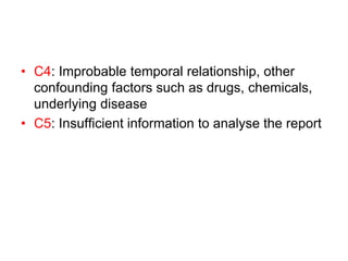 • C4: Improbable temporal relationship, other
confounding factors such as drugs, chemicals,
underlying disease
• C5: Insufficient information to analyse the report
 