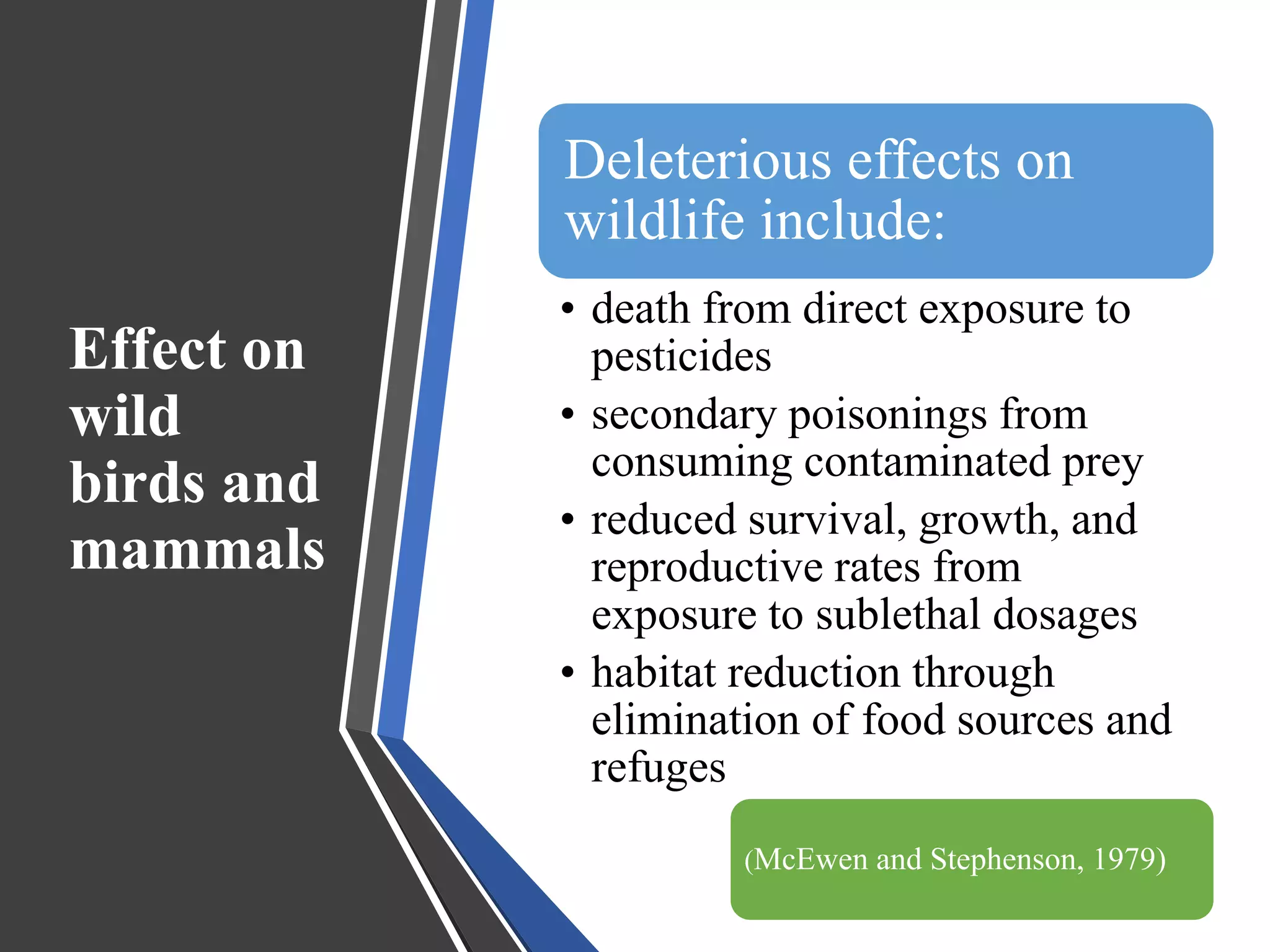 Effect on
wild
birds and
mammals
Deleterious effects on
wildlife include:
• death from direct exposure to
pesticides
• secondary poisonings from
consuming contaminated prey
• reduced survival, growth, and
reproductive rates from
exposure to sublethal dosages
• habitat reduction through
elimination of food sources and
refuges
(McEwen and Stephenson, 1979)
 