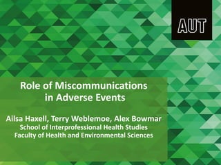 Role of Miscommunications
in Adverse Events
Ailsa Haxell, Terry Weblemoe, Alex Bowmar
School of Interprofessional Health Studies
Faculty of Health and Environmental Sciences
 