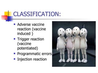 CLASSIFICATION: Adverse vaccine reaction (vaccine induced ) Trigger reaction (vaccine potentiated)  Programmatic errors  Injection reaction  