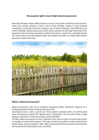 NRI Property Rights: How to Fight Adverse Possession | PDF