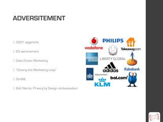 ADVERSITEMENT
2001 opgericht
65 werknemers
Data Driven Marketing
“Closing the Marketing Loop”
DimML
Bob Nieme, Privacy by Design ambassadeur
 