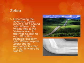 Zebra

 Overcoming the
  adversity: Zebra
  meets a man named
  John Wilson. John
  Wilson was in the
  Vietnam War. In
  that war he lost his
  arm. With this
  relatable disability
  John Wilson inspires
  Zebra and he
  overcomes his fear
  of that hill where he
  was hit.
 