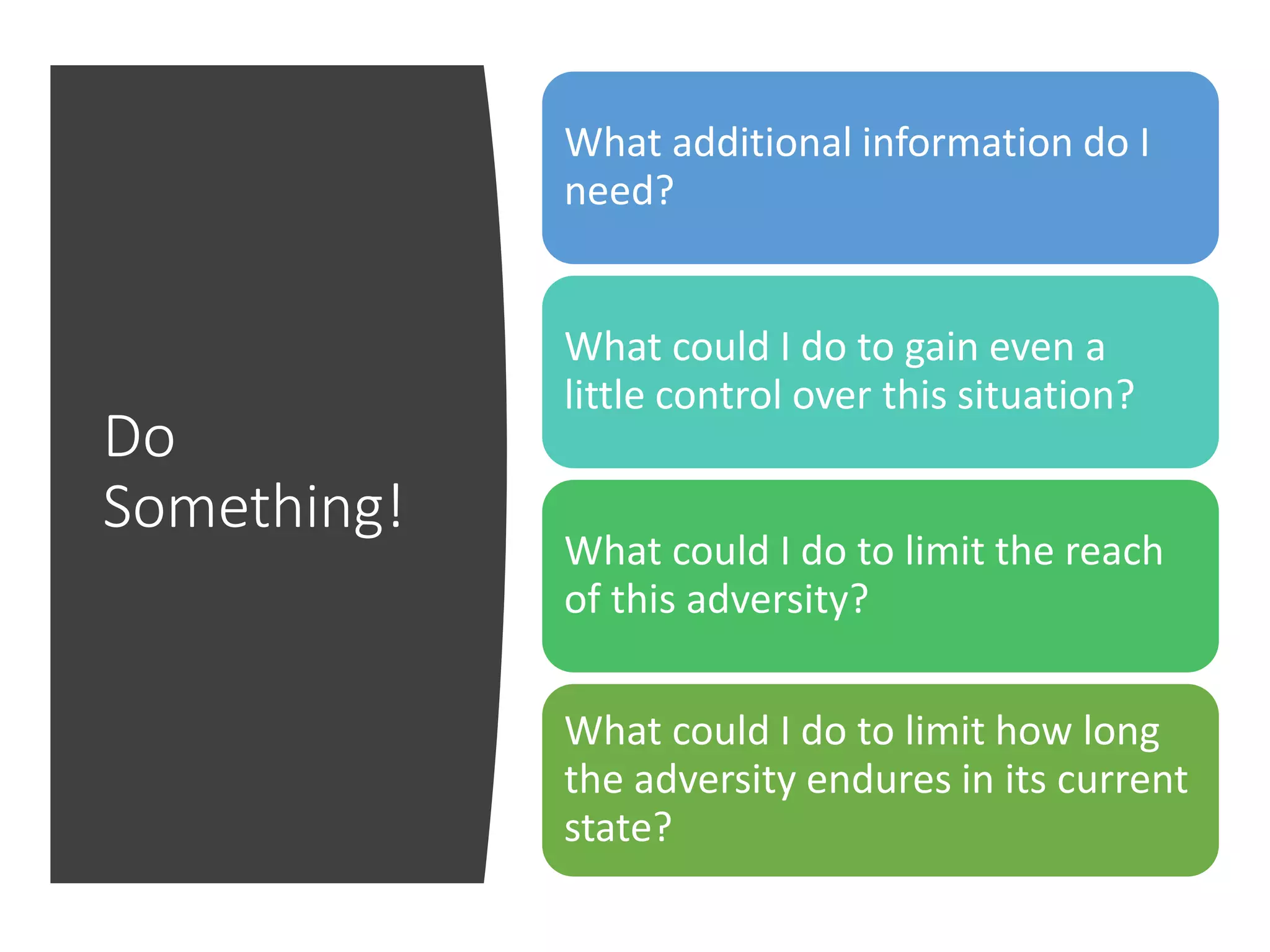Do
Something!
What additional information do I
need?
What could I do to gain even a
little control over this situation?
What could I do to limit the reach
of this adversity?
What could I do to limit how long
the adversity endures in its current
state?
 