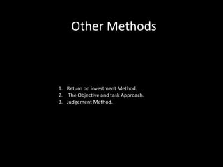 1. Return on investment Method.
2. The Objective and task Approach.
3. Judgement Method.
Other Methods
 