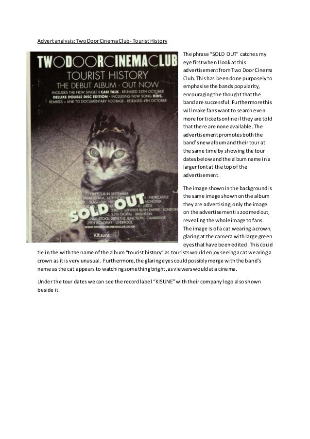 Advert Analysis Two Door Cinema Club Tourist History