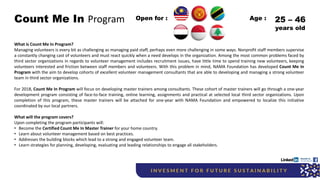 Count Me In Program
What is Count Me In Program?
Managing volunteers is every bit as challenging as managing paid staff, perhaps even more challenging in some ways. Nonprofit staff members supervise
a constantly changing cast of volunteers and must react quickly when a need develops in the organization. Among the most common problems faced by
third sector organizations in regards to volunteer management includes recruitment issues, have little time to spend training new volunteers, keeping
volunteers interested and friction between staff members and volunteers. With this problem in mind, NAMA Foundation has developed Count Me In
Program with the aim to develop cohorts of excellent volunteer management consultants that are able to developing and managing a strong volunteer
team in third sector organizations.
For 2018, Count Me In Program will focus on developing master trainers among consultants. These cohort of master trainers will go through a one-year
development program consisting of face-to-face training, online learning, assignments and practical at selected local third sector organizations. Upon
completion of this program, these master trainers will be attached for one-year with NAMA Foundation and empowered to localize this initiative
coordinated by our local partners.
What will the program covers?
Upon completing the program participants will:
• Become the Certified Count Me In Master Trainer for your home country.
• Learn about volunteer management based on best practices.
• Addresses the building blocks which lead to a strong and engaged volunteer team.
• Learn strategies for planning, developing, evaluating and leading relationships to engage all stakeholders.
Open for : 25 – 46
years old
Age :
 
