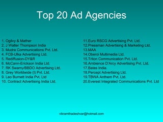 Top 20 Ad Agencies 1. Ogilvy & Mather   11.Euro RSCG Advertising Pvt. Ltd. 2. J Walter Thompson India    12.Pressman Advertising & Marketing Ltd. 3. Mudra Communications Pvt. Ltd. 13.MAA 4. FCB-Ulka Advertising Ltd. 14.Oberoi Multimedia Ltd.  5. Rediffusion-DY&R 15.Triton Communication Pvt. Ltd.  6. McCann-Erickson India Ltd.  16.Ambience D’Arcy Advertising Pvt. Ltd.  7. RK Swamy/BBDO Advertising Ltd.  17.Bates India.  8. Grey Worldwide (I) Pvt. Ltd.  18.Percept Advertising Ltd.  9. Leo Burnett India Pvt. Ltd 19.TBWA Anthem Pvt. Ltd.  10. Contract Advertising India Ltd.  20.Everest Integrated Communications Pvt. Ltd  