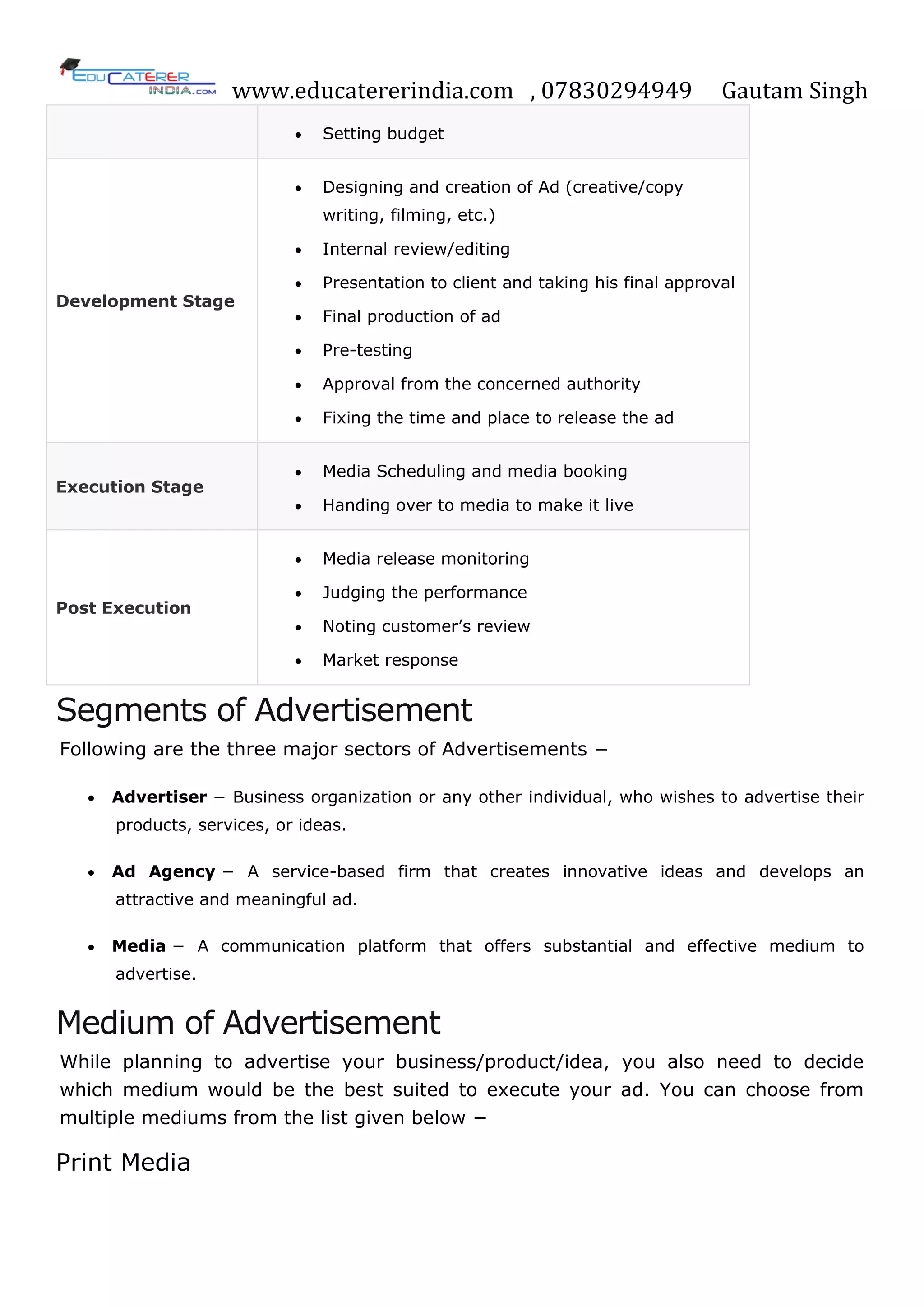 www.educatererindia.com , 07830294949 Gautam Singh
 Setting budget
Development Stage
 Designing and creation of Ad (creative/copy
writing, filming, etc.)
 Internal review/editing
 Presentation to client and taking his final approval
 Final production of ad
 Pre-testing
 Approval from the concerned authority
 Fixing the time and place to release the ad
Execution Stage
 Media Scheduling and media booking
 Handing over to media to make it live
Post Execution
 Media release monitoring
 Judging the performance
 Noting customer‘s review
 Market response
Segments of Advertisement
Following are the three major sectors of Advertisements −
 Advertiser − Business organization or any other individual, who wishes to advertise their
products, services, or ideas.
 Ad Agency − A service-based firm that creates innovative ideas and develops an
attractive and meaningful ad.
 Media − A communication platform that offers substantial and effective medium to
advertise.
Medium of Advertisement
While planning to advertise your business/product/idea, you also need to decide
which medium would be the best suited to execute your ad. You can choose from
multiple mediums from the list given below −
Print Media
 