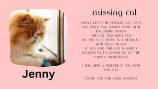Missing cat
Jenny
I have lost the Persian cat since
one week ago named jenny with
hallmark traits:
-orange and white fur
-on the neck there is a necklace
with bells black.
if you find this cat is kindly
requested to inform me of the
number 08785165174.
I WIIL GIVE A REWARD IF YOU FIND
THIs CAT.
thank you for your kindness
 
