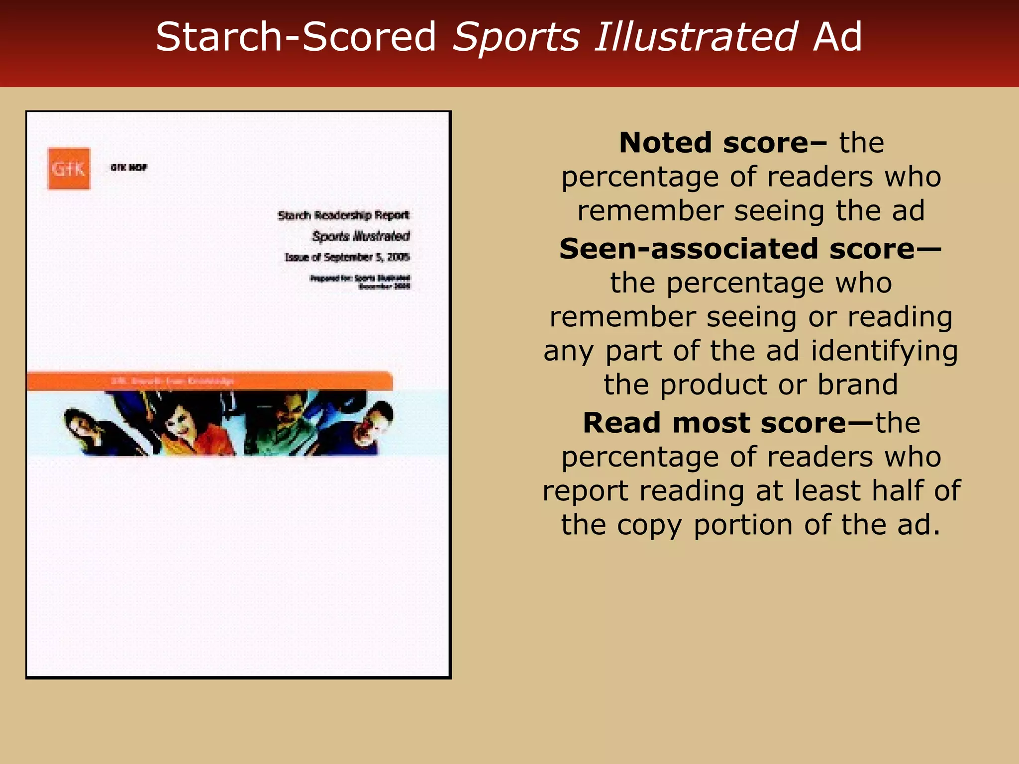 Starch-Scored Sports Illustrated Ad

                          Noted score– the
                     percentage of readers who
                      remember seeing the ad
                     Seen-associated score—
                         the percentage who
                    remember seeing or reading
                   any part of the ad identifying
                        the product or brand
                       Read most score—the
                     percentage of readers who
                   report reading at least half of
                     the copy portion of the ad.
 