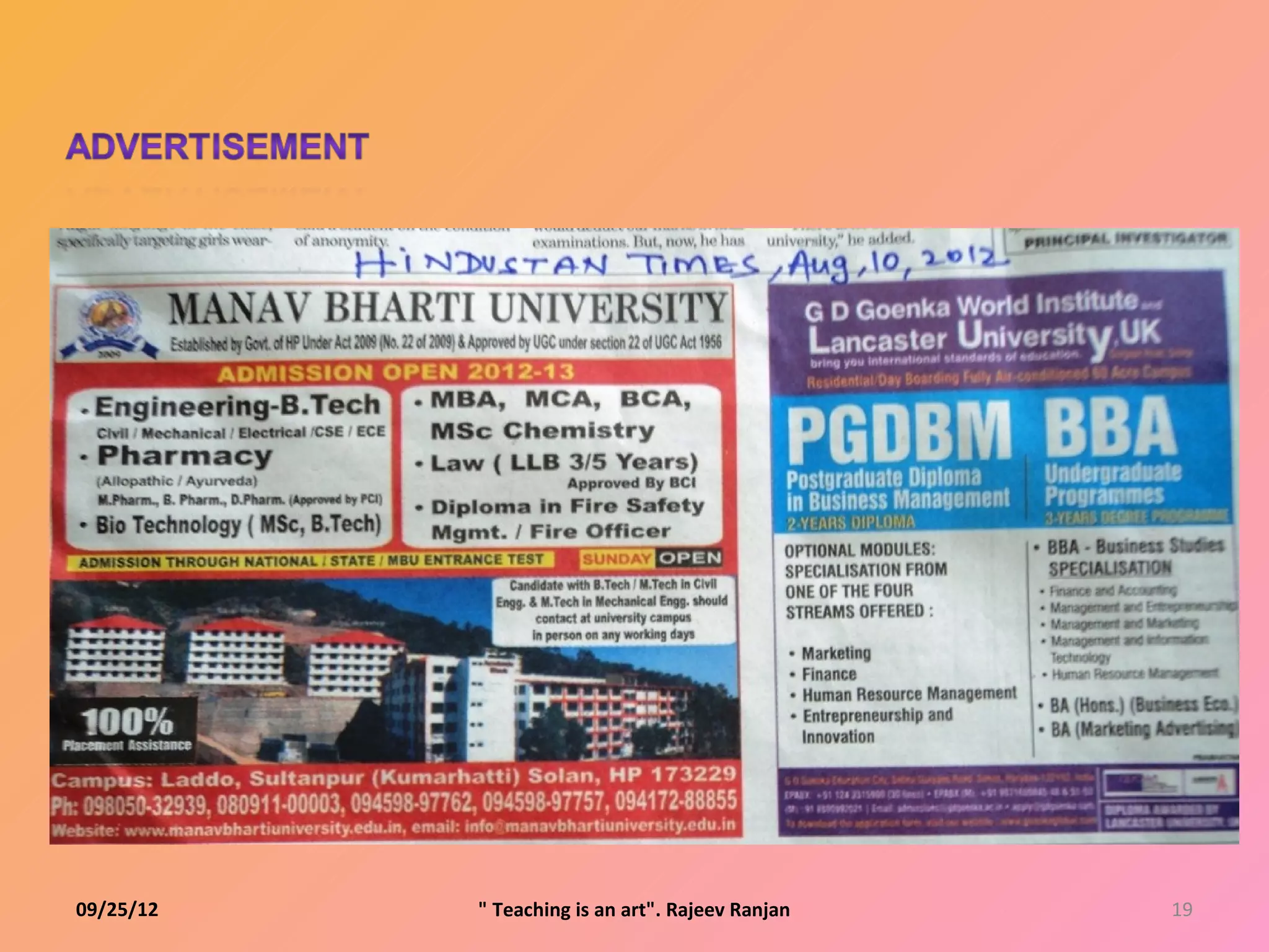 09/25/12   " Teaching is an art". Rajeev Ranjan   19
 