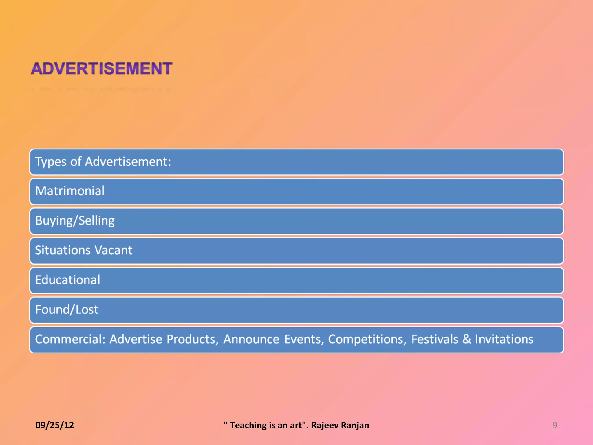 09/25/12   " Teaching is an art". Rajeev Ranjan   9
 