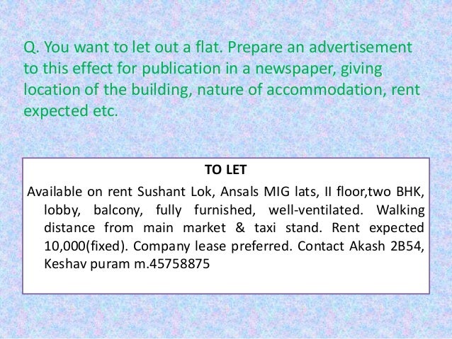 To Let Advertisement Examples Cbse