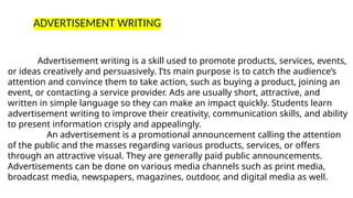 advertisement writing.pptxchgvdvhfdgjvdchhn | PPTX