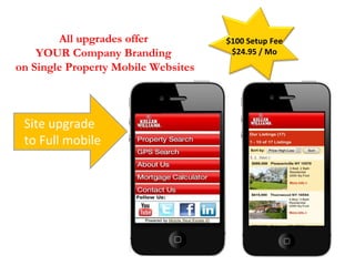 All upgrades offer  YOUR Company Branding  on Single Property Mobile Websites Site upgrade to Full mobile $100 Setup Fee $24.95 / Mo 