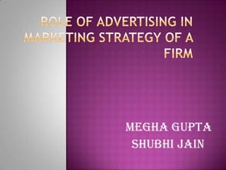 Role of advertising in marketing strategy of a firm MEGHA GUPTA                  SHUBHI JAIN 