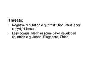 Threats: Negative reputation e.g. prostitution, child labor, copyright issues Less compatible than some other developed countries e.g. Japan, Singapore, China 