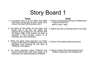 Story Board 1 Visual 1. A business man is at his office and feels tired from his big pile of work. (long shot; covers the desk and business man) 2. He looks at the globe on the desk and thinks that if he spin the globe and stopped it by pointing on any country that his finger falls, he’ll choose to have a vacation in that country. (zoom in at business man and the globe) 3. When the globe stops spinning, his finger points at the map of Thailand. (zoom in at business man pointing at the map of Thailand in the globe ) 4. He starts dreaming about Thailand and what it will be like. (mid shot; zoom in at business man dreaming about Thailand) Audio 1. Sound of keyboards typing and telephones ringing around him Man’s voice: “sigh” 2. Silent; the man is thinking hard in his head 3. Sound of the globe spinning around 4. Sound of slow Thai instrumental music fading in playing in the background 