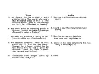 Visual 5. He dreams that he receives a warm welcome from a Thai woman who wears Thai traditional dress in front of Thai traditional house. (zoom in; face close-up and pan to the bubble about his thought) 6. His mind thinks of interesting places in Thailand. (change the scene into collage of interesting places in Thailand) 7. He feels that someone is talking to him. (zoom in; middle shot of business man) 8. He becomes conscious  when his boss wakes him up from his day dream. However, he is happy knowing that he now knows how to find a place for relaxation. (zoom out; cover business man, the desk, and his boss) 9.  “Sensational Siam” Slogan comes up across a black background. Audio 5. Sound of slow Thai instrumental music playing 6. Sound of slow Thai instrumental music playing 7. Sound of approaching footsteps. Male voice over “Hey! Wake up.” 8. Sound of the boss complaining the man fading in the background.  9. silent 